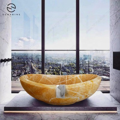 Custom Luxury Natural Marble Freestanding Soaking Onyx Bathtub