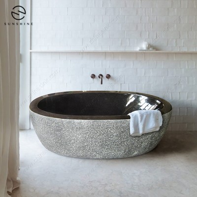 Manufacturer Natural Black Solid Stone Freestanding Soaking Bathtub