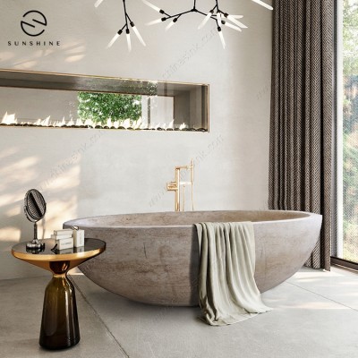 Genuine Travertine Stone Freestanding Soaking Bathtub For Adults